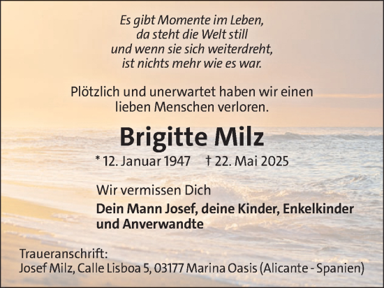 Traueranzeige von Brigitte Milz von WochenSpiegel