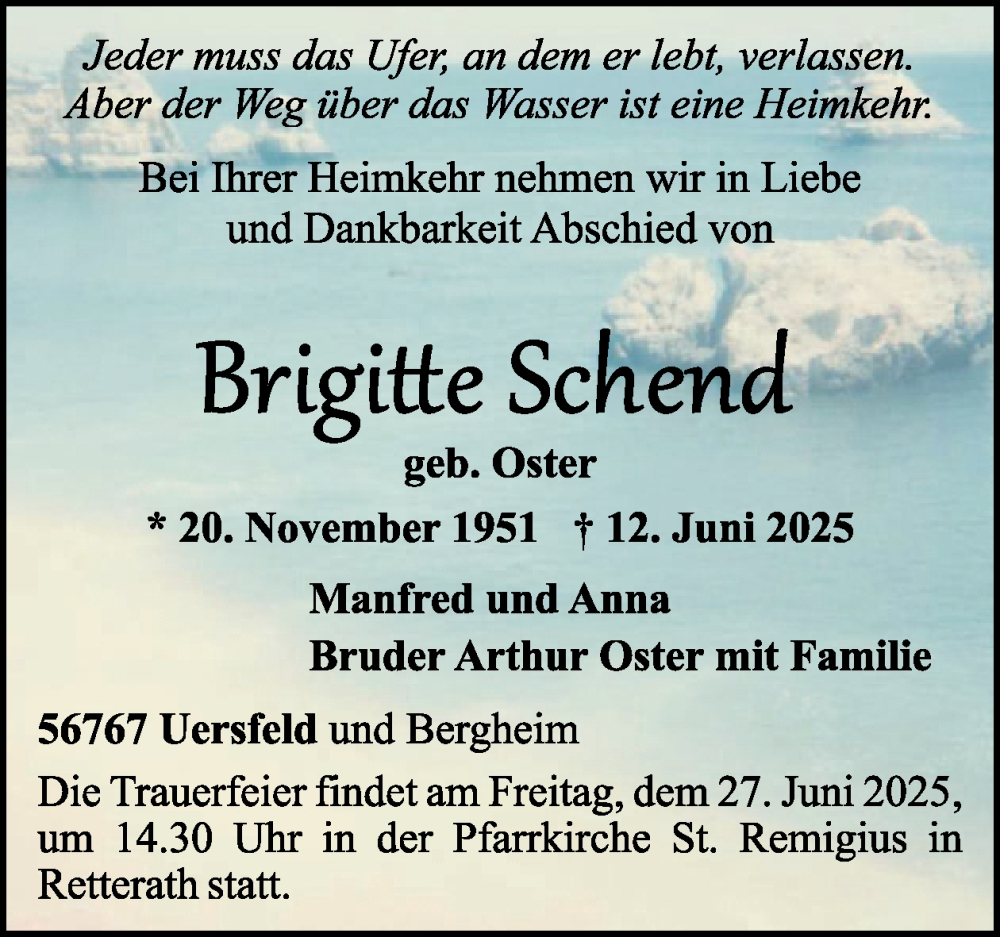  Traueranzeige für Brigitte Schend vom 21.06.2025 aus WochenSpiegel