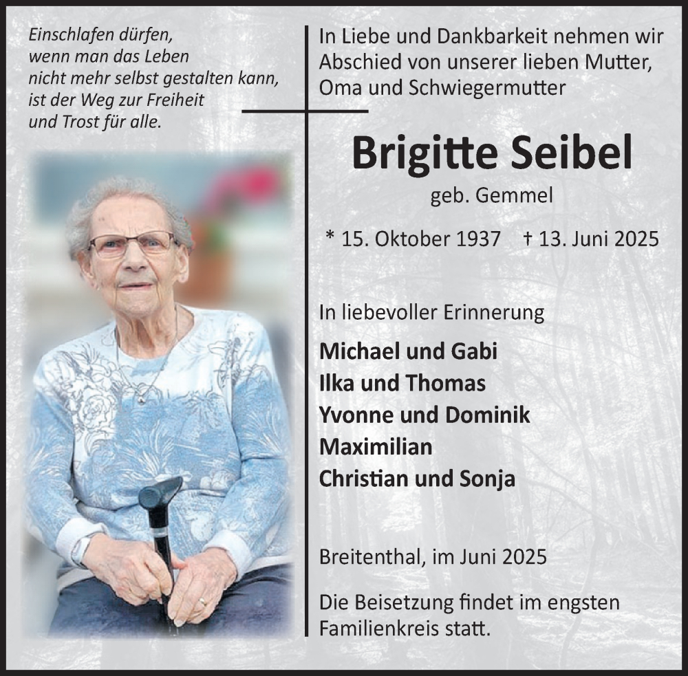  Traueranzeige für Brigitte Seibel vom 21.06.2025 aus WochenSpiegel