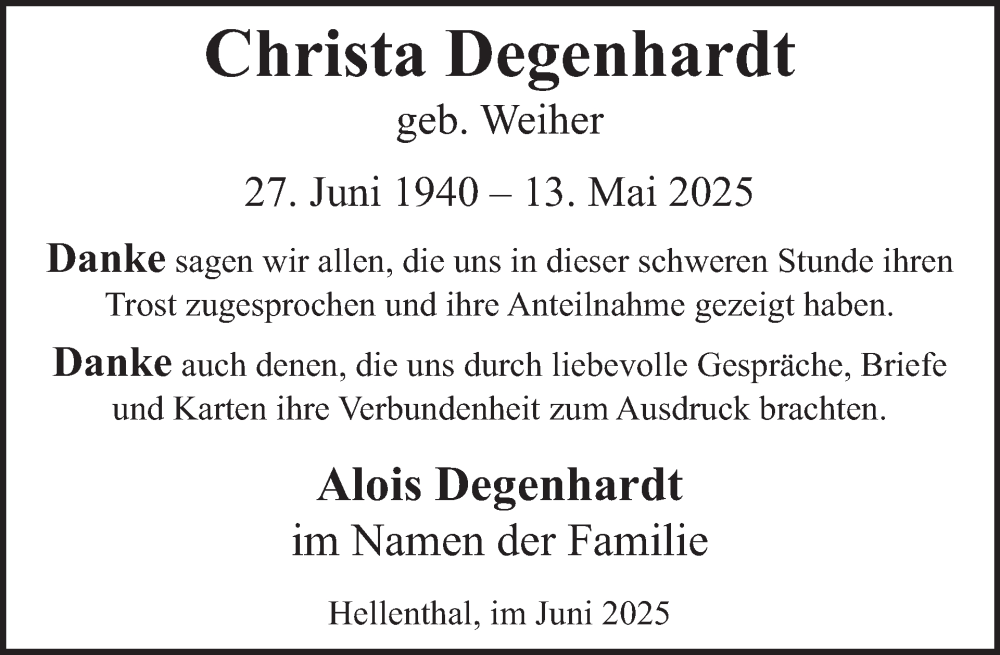  Traueranzeige für Christa Degenhardt vom 25.06.2025 aus WochenSpiegel