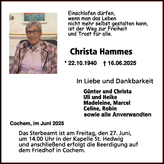 Traueranzeige von Christa Hammes von WochenSpiegel