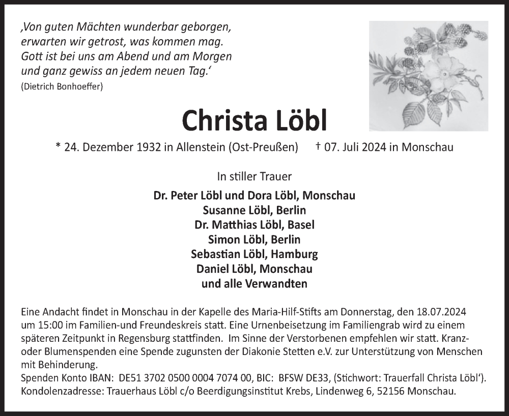  Traueranzeige für Christa Löbl vom 17.07.2024 aus WochenSpiegel
