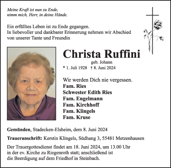 Traueranzeige von Christa Ruffini von WochenSpiegel