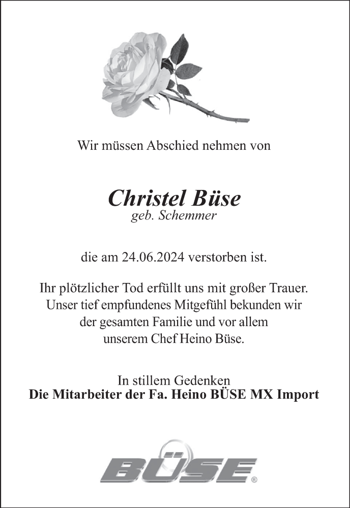  Traueranzeige für Christel Büse vom 30.06.2024 aus WochenSpiegel