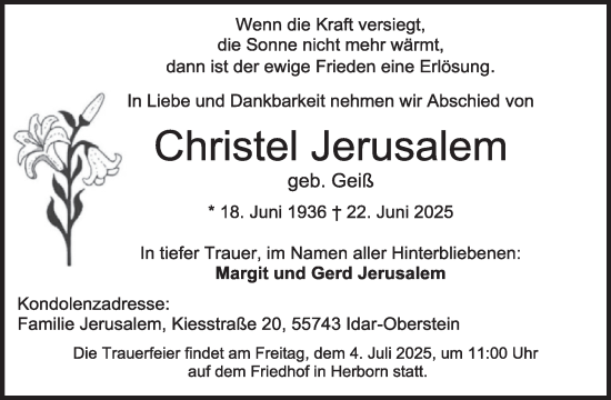 Traueranzeige von Christel Jerusalem von WochenSpiegel
