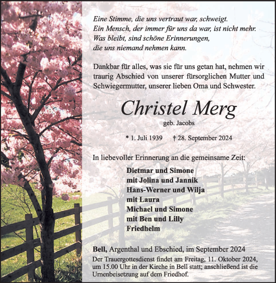Traueranzeige von Christel Merg von WochenSpiegel