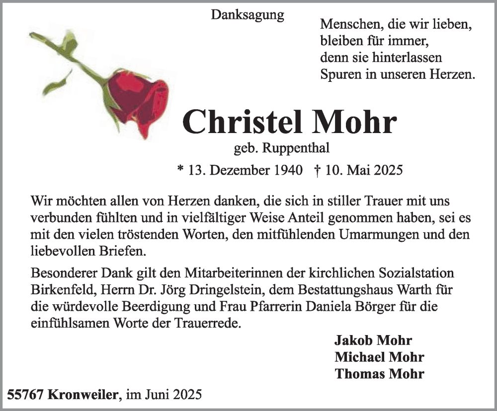  Traueranzeige für Christel Mohr vom 28.06.2025 aus WochenSpiegel