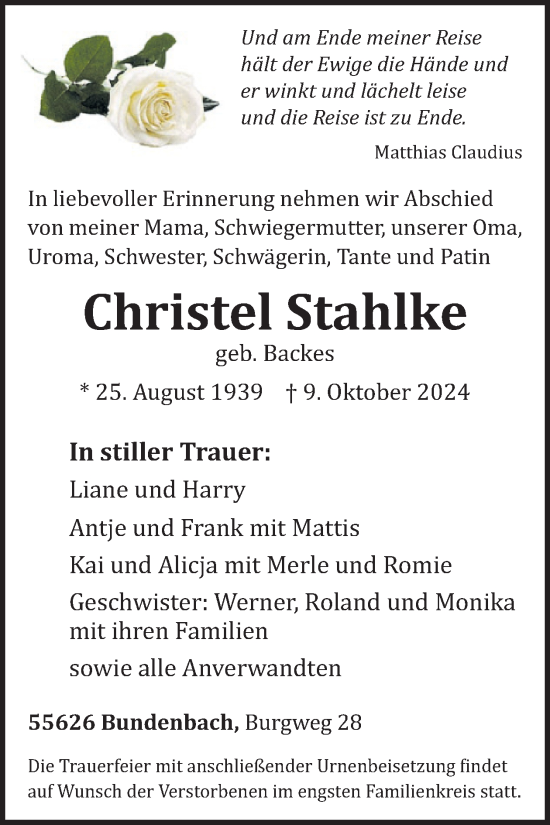 Traueranzeige von Christel Stahlke von WochenSpiegel