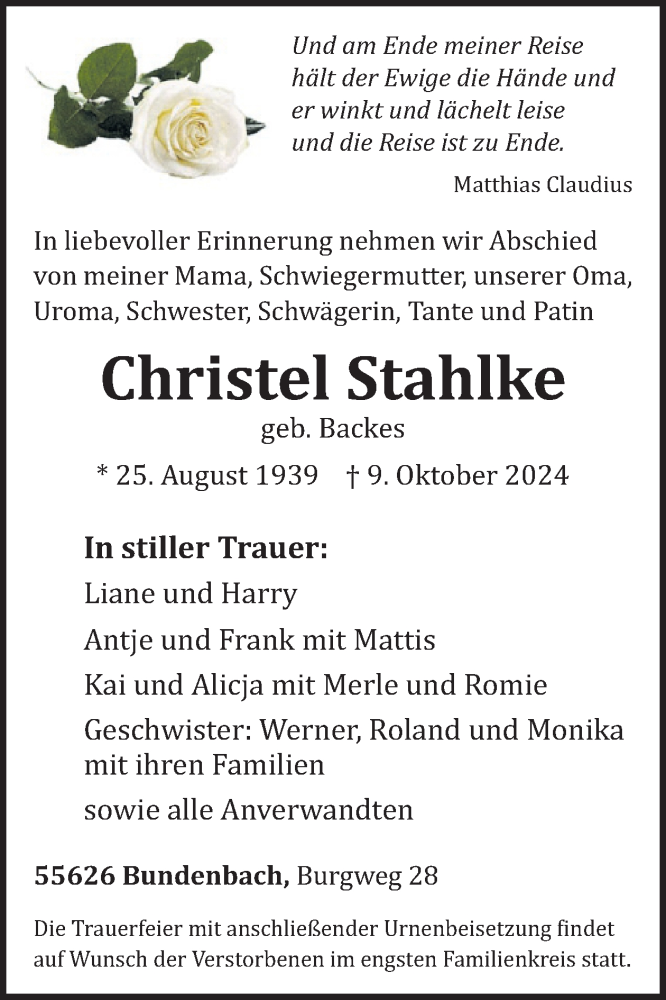  Traueranzeige für Christel Stahlke vom 19.10.2024 aus WochenSpiegel
