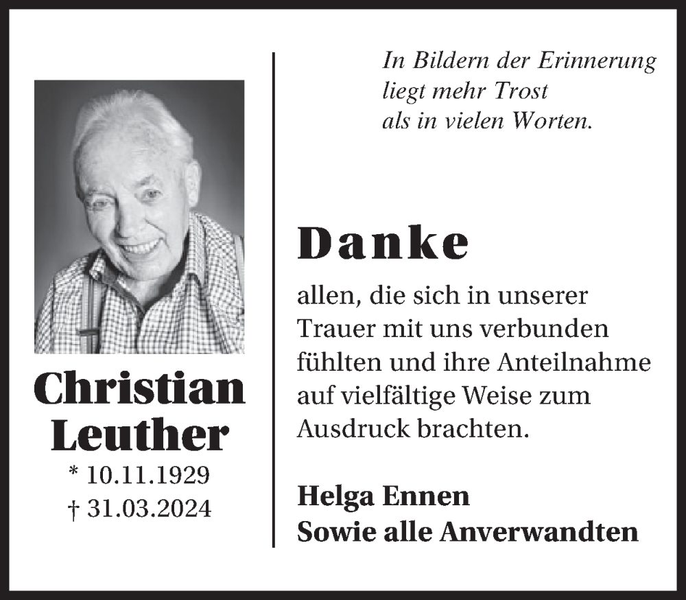  Traueranzeige für Christian Leuther vom 13.06.2024 aus WochenSpiegel