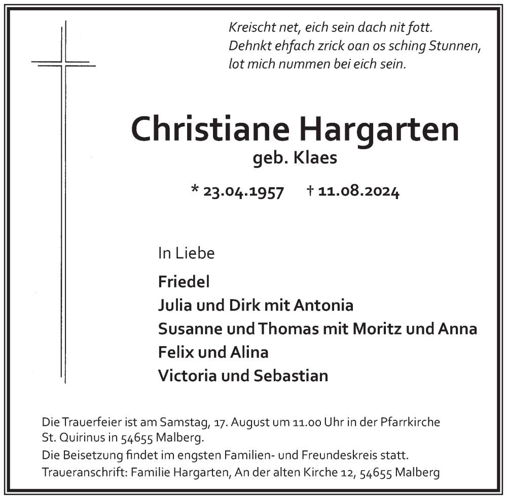  Traueranzeige für Christiane Hargarten vom 17.08.2024 aus WochenSpiegel