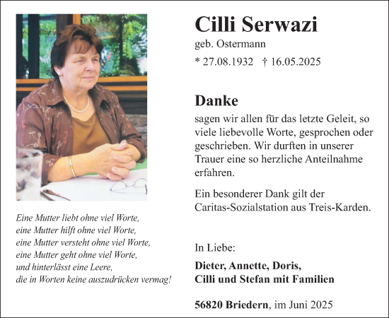 Traueranzeige von Cilli Serwazi von WochenSpiegel