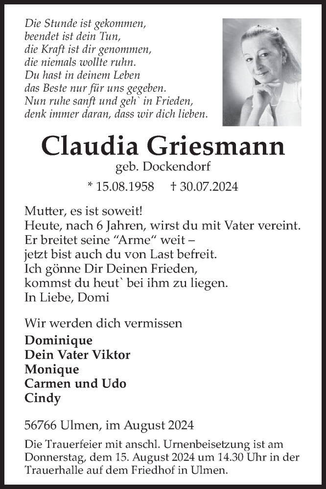  Traueranzeige für Claudia Griesmann vom 14.08.2024 aus WochenSpiegel