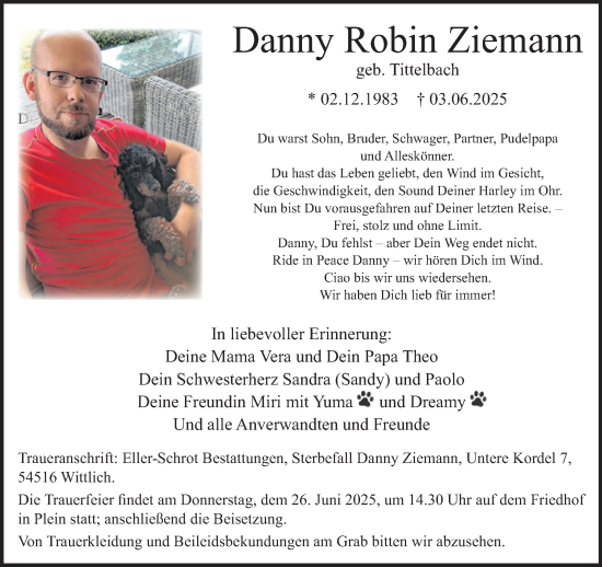 Traueranzeige von Danny Robin Ziemann von WochenSpiegel