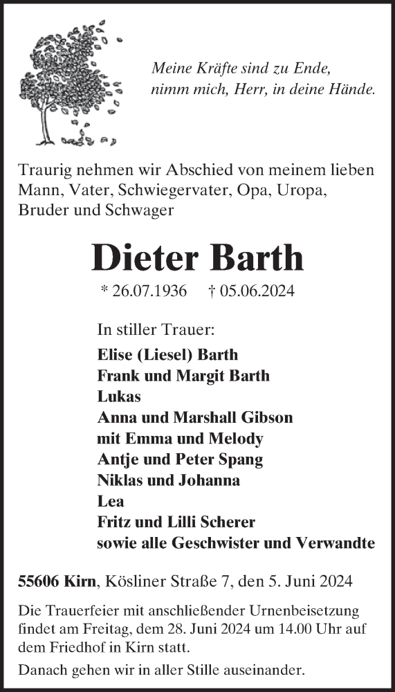  Traueranzeige für Dieter Barth vom 22.06.2024 aus WochenSpiegel