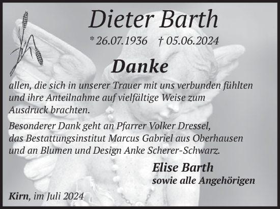 Traueranzeige von Dieter Barth von WochenSpiegel