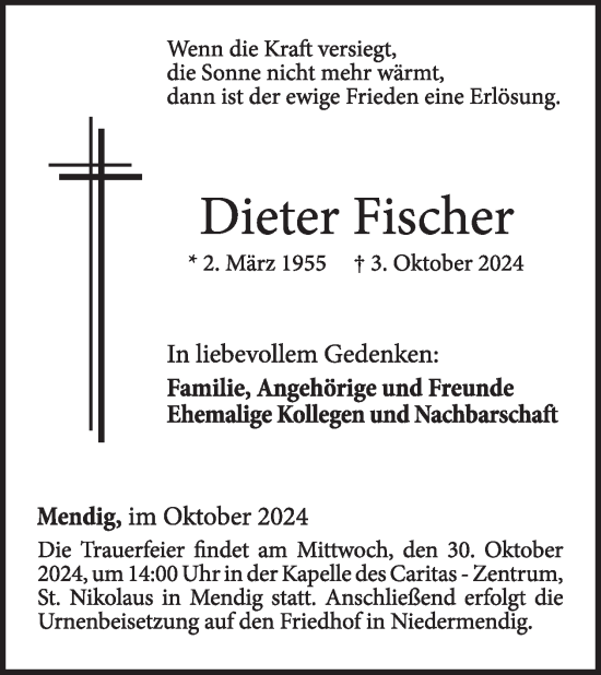 Traueranzeige von Dieter Fischer von WochenSpiegel