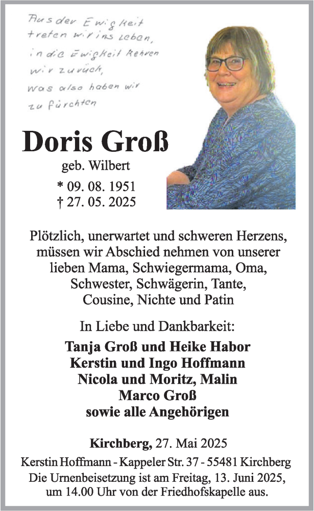  Traueranzeige für Doris Grof vom 07.06.2025 aus WochenSpiegel