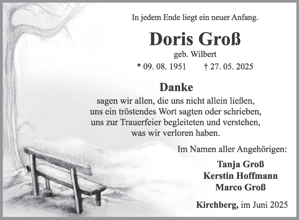  Traueranzeige für Doris Groß vom 28.06.2025 aus WochenSpiegel