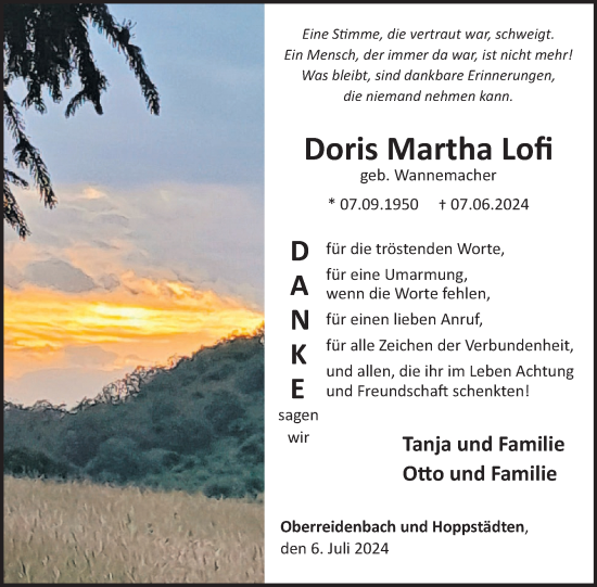 Traueranzeige von Doris Martha Lofi von WochenSpiegel