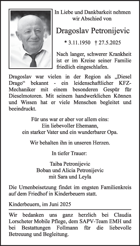 Traueranzeige von Dragoslav Petronijevic von WochenSpiegel