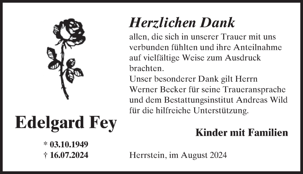  Traueranzeige für Edelgard Fey vom 31.08.2024 aus WochenSpiegel
