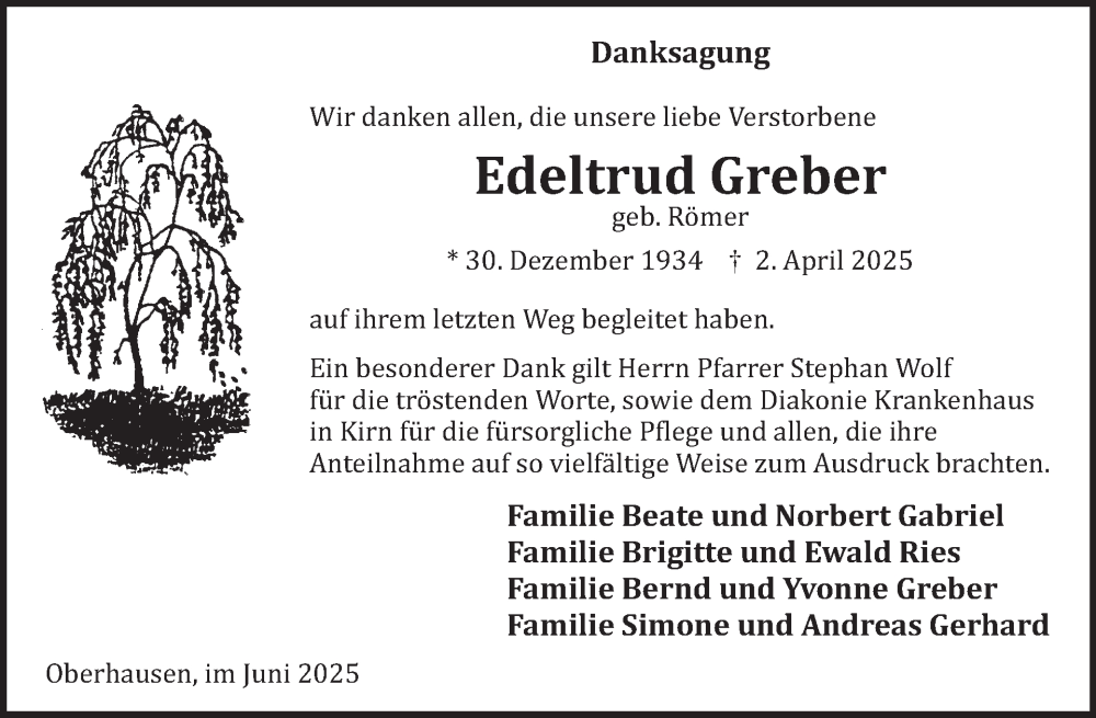 Traueranzeige für Edeltrud Greber vom 21.06.2025 aus WochenSpiegel