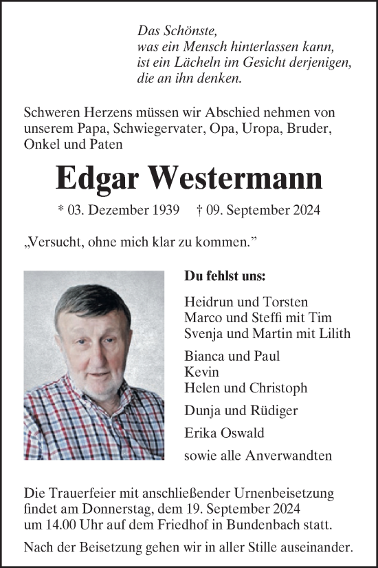 Traueranzeige von Edgar Westermann von WochenSpiegel