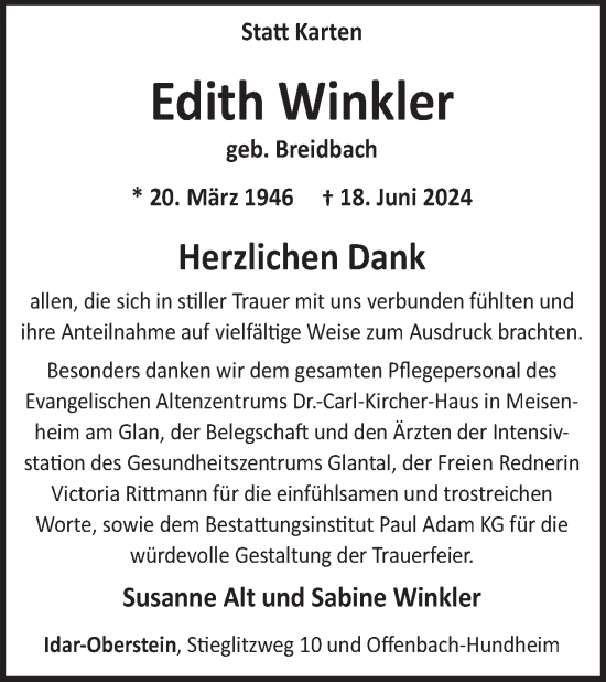 Traueranzeige von Edith Winkler von WochenSpiegel