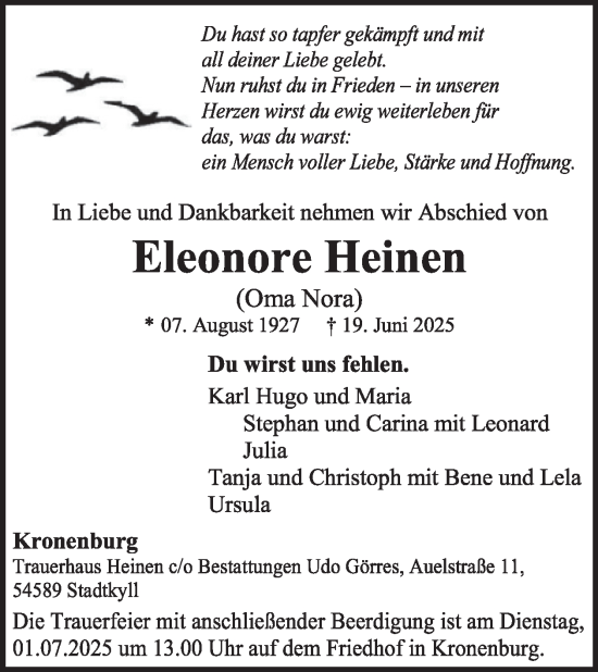 Traueranzeige von Eleonore Heinen von WochenSpiegel