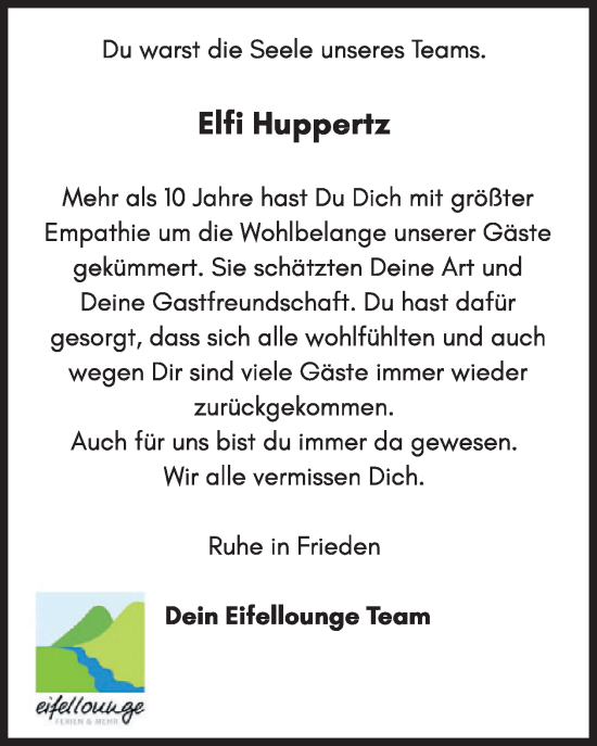 Traueranzeige von Elfi Huppertz von WochenSpiegel