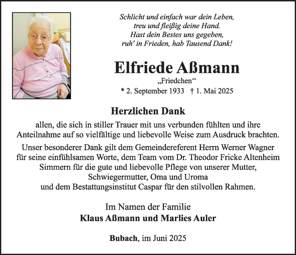  Traueranzeige für Elfriede Aßmann vom 21.06.2025 aus WochenSpiegel