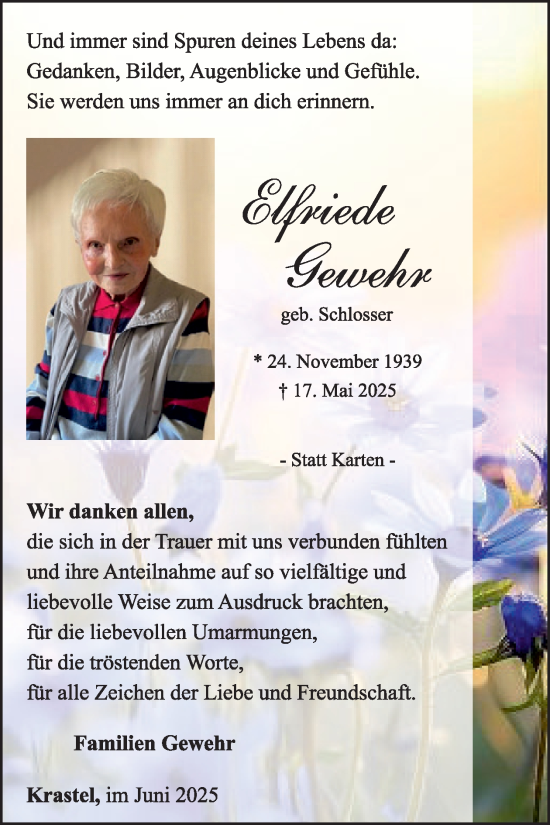 Traueranzeige von Elfriede Gewehr von WochenSpiegel