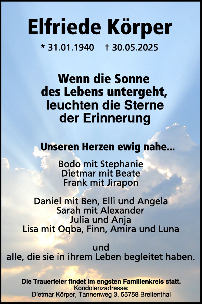  Traueranzeige für Elfriede Körper vom 07.06.2025 aus WochenSpiegel