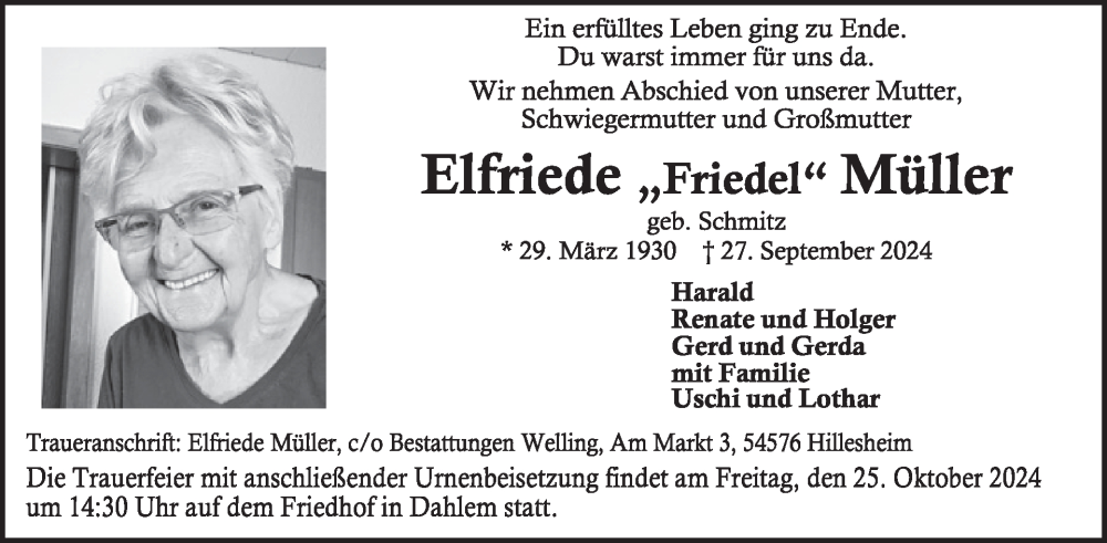  Traueranzeige für Elfriede Müller vom 09.10.2024 aus WochenSpiegel