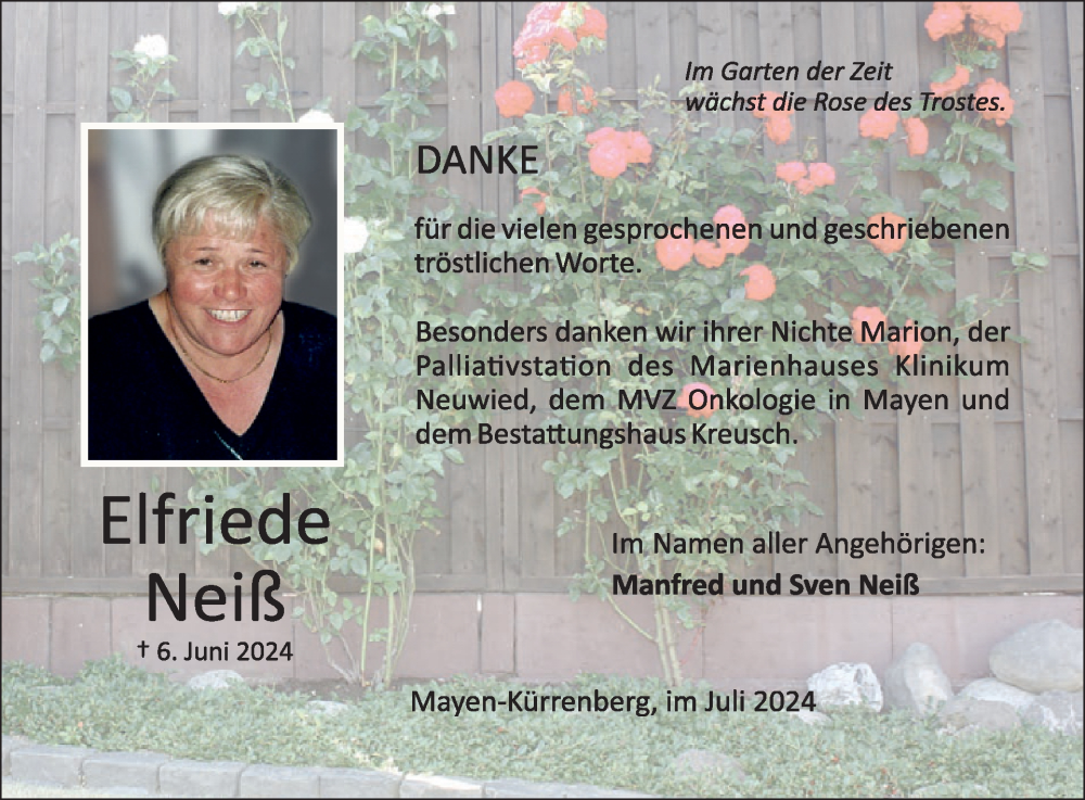  Traueranzeige für Elfriede Neiß vom 24.07.2024 aus WochenSpiegel