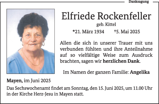 Traueranzeige von Elfriede Rockenfeller von WochenSpiegel