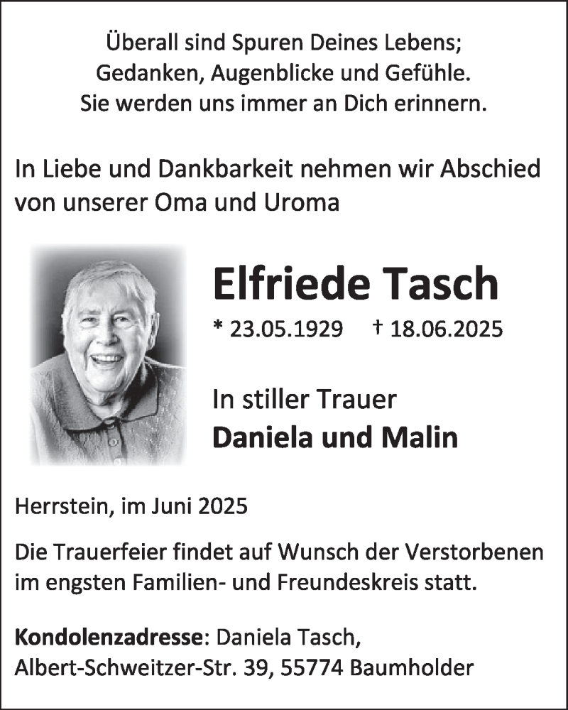  Traueranzeige für Elfriede Tasch vom 28.06.2025 aus WochenSpiegel