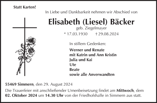 Traueranzeige von Elisabeth Bäcker von WochenSpiegel