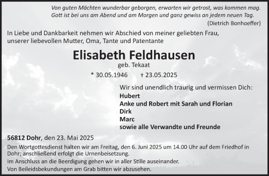 Traueranzeige von Elisabeth Feldhausen von WochenSpiegel