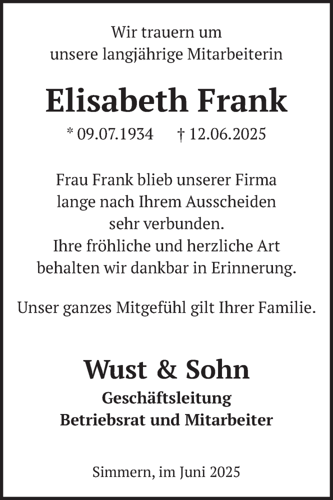  Traueranzeige für Elisabeth Frank vom 21.06.2025 aus WochenSpiegel