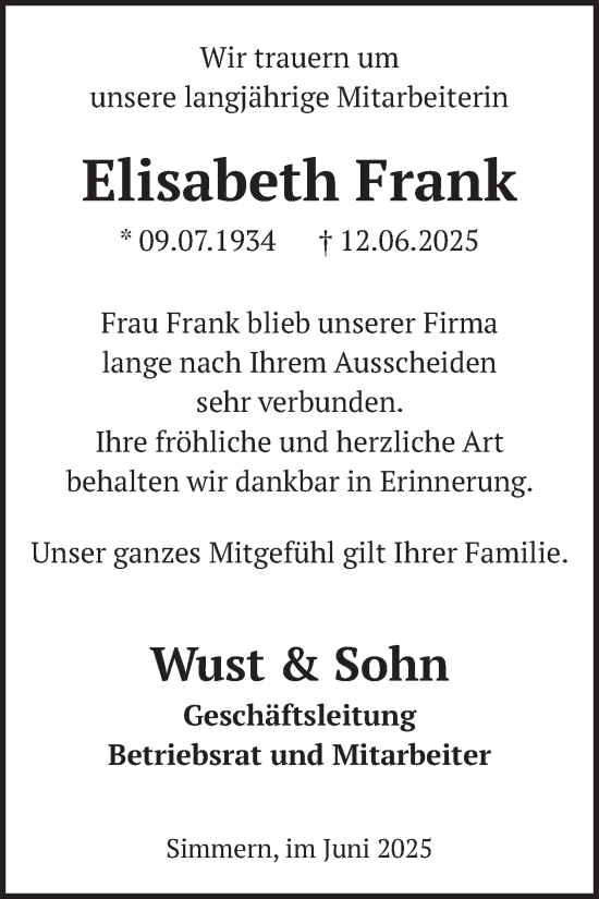 Traueranzeige von Elisabeth Frank von WochenSpiegel