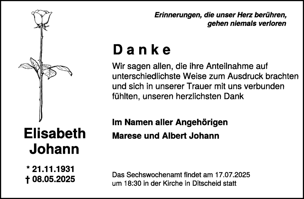  Traueranzeige für Elisabeth Johann vom 11.06.2025 aus WochenSpiegel