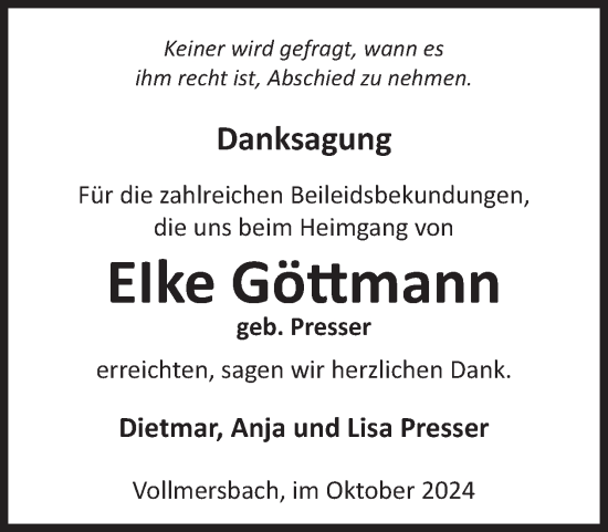 Traueranzeige von Elke Göttmann von WochenSpiegel