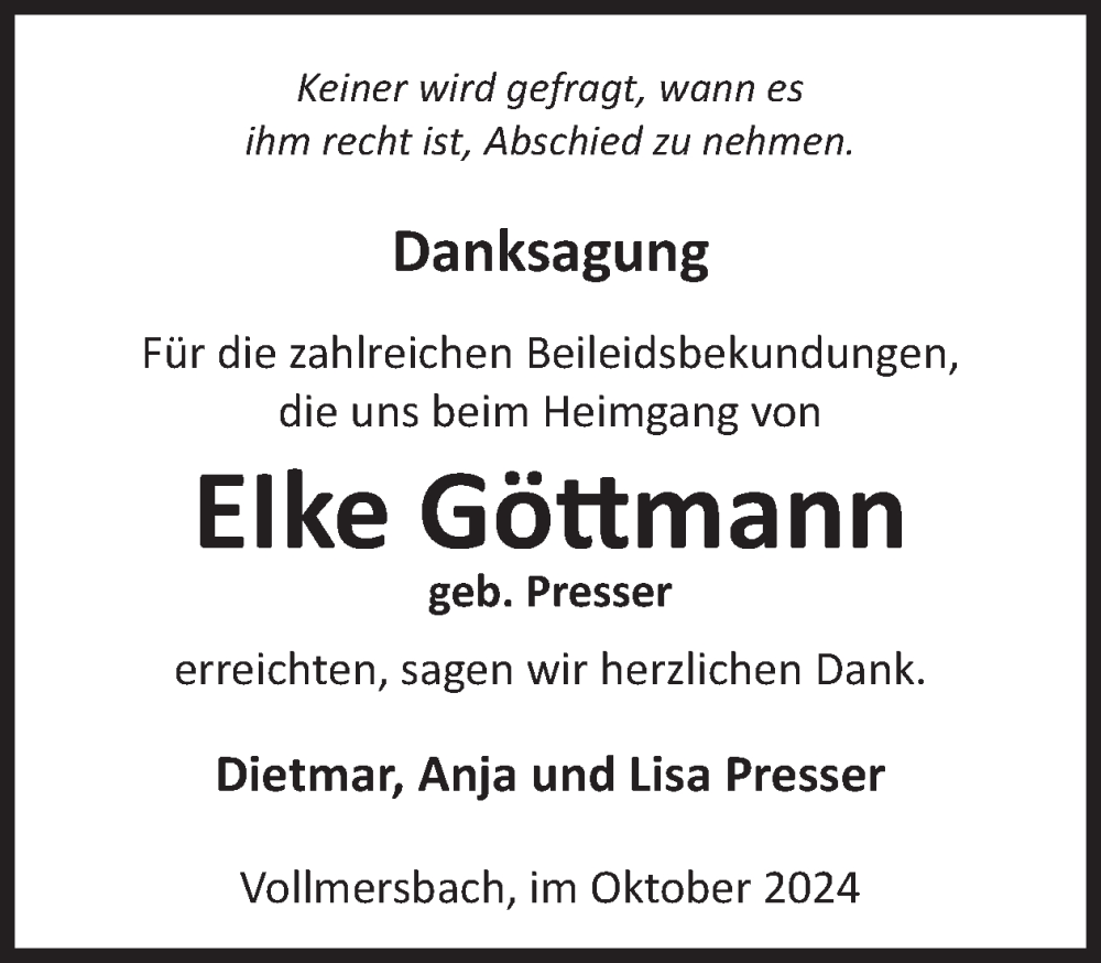  Traueranzeige für Elke Göttmann vom 19.10.2024 aus WochenSpiegel