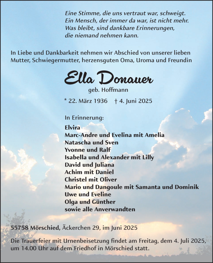  Traueranzeige für Ella Donauer vom 28.06.2025 aus WochenSpiegel