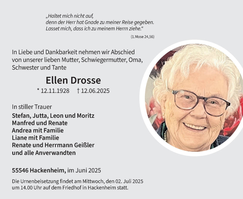  Traueranzeige für Ellen Drosse vom 28.06.2025 aus WochenSpiegel