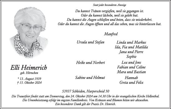 Traueranzeige von Elli Heimerich von WochenSpiegel
