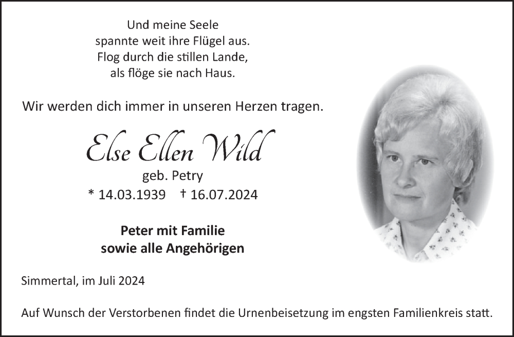  Traueranzeige für Else Ellen Wild vom 27.07.2024 aus WochenSpiegel
