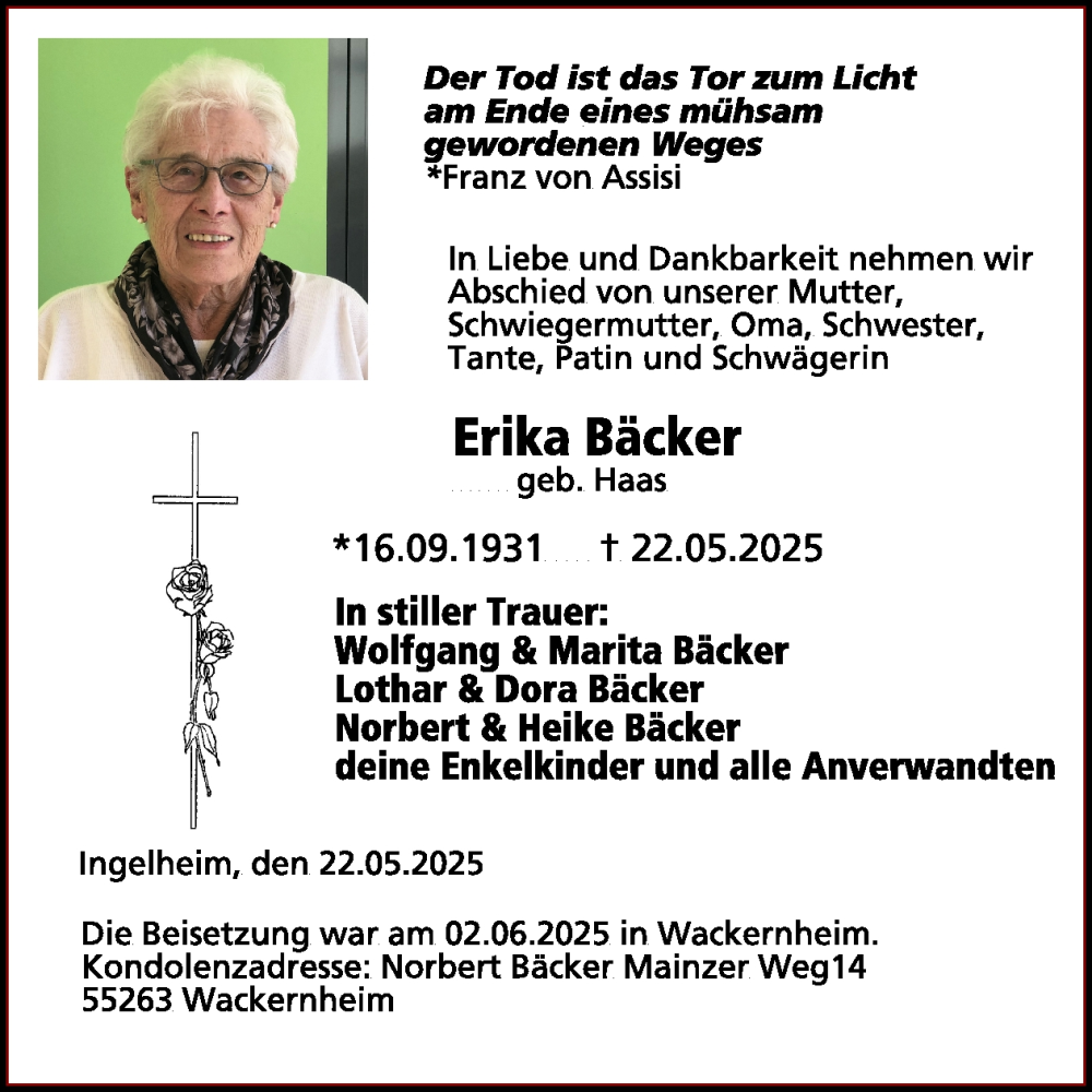  Traueranzeige für Erika Bäcker vom 04.06.2025 aus WochenSpiegel